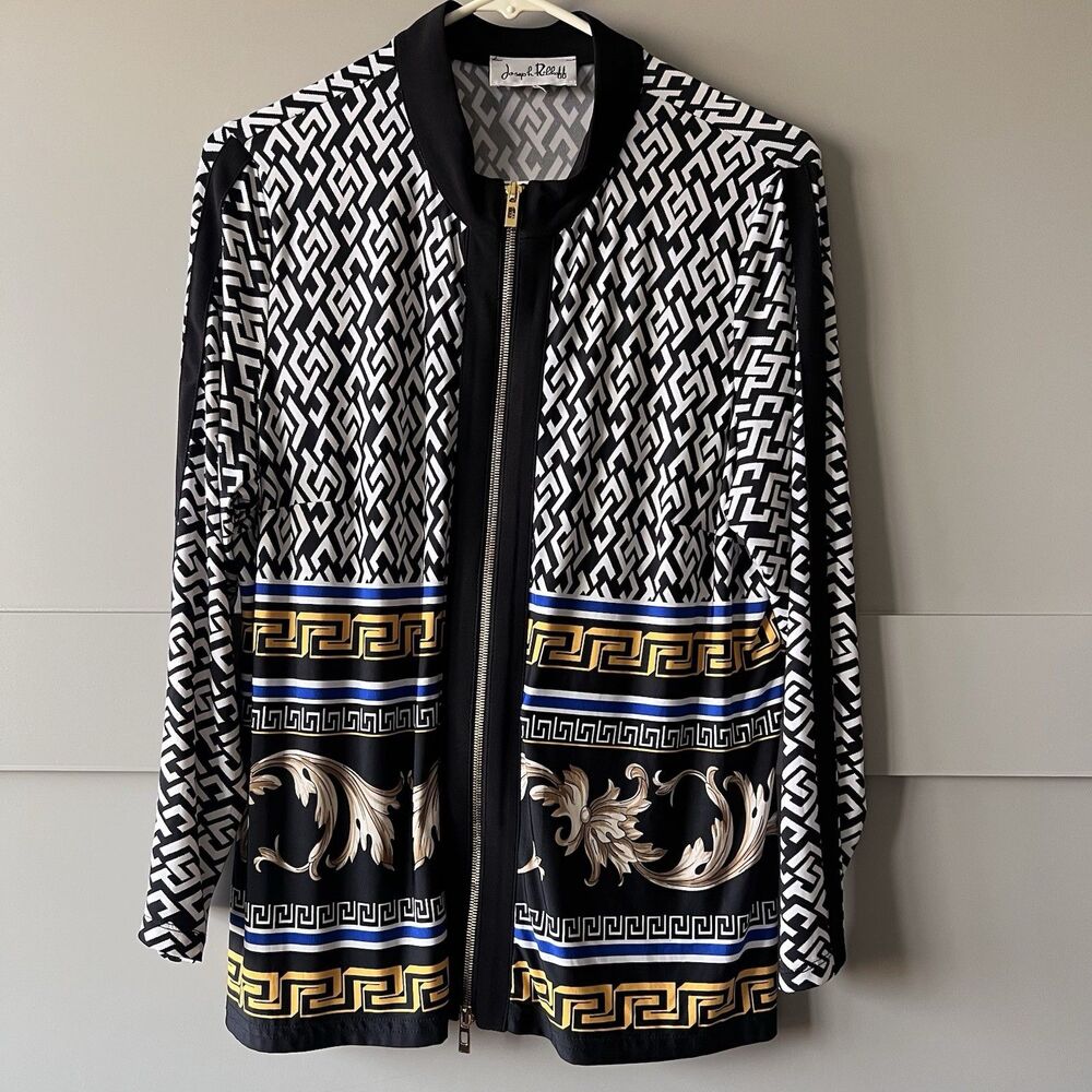 Joseph Ribkoff Full Zip Geometric Top Blouse Womens Sz. Medium Art To Wear Black